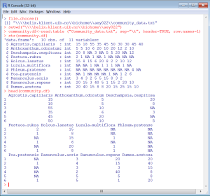 Screenshot of R with example code run